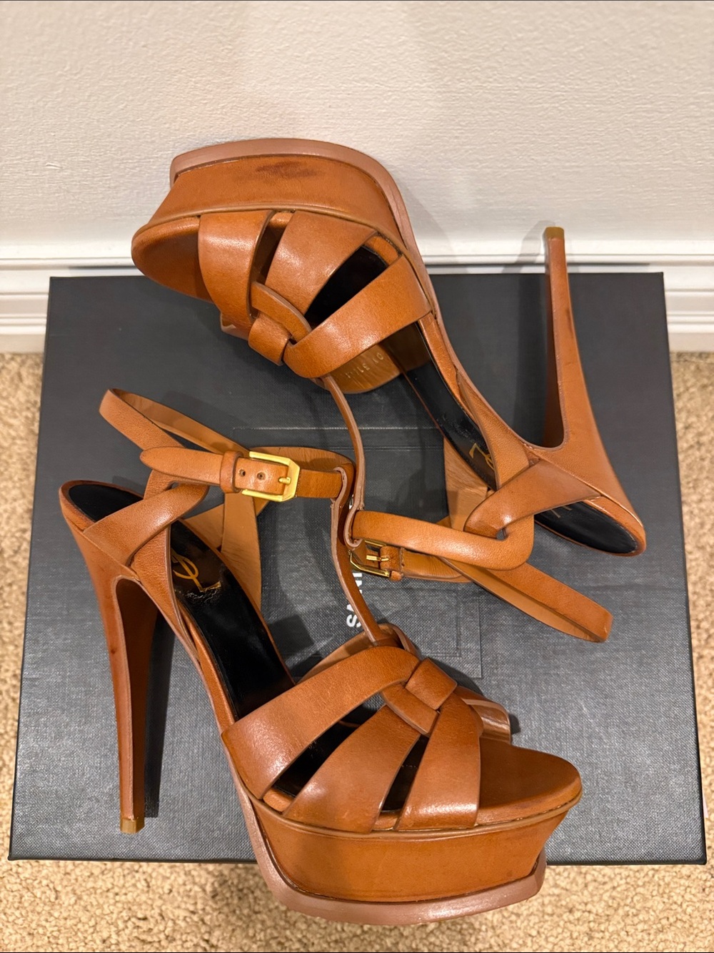 Saint Laurent Tribute 105 Camel Leather Platform Sandals Heels 37.5 Full Set